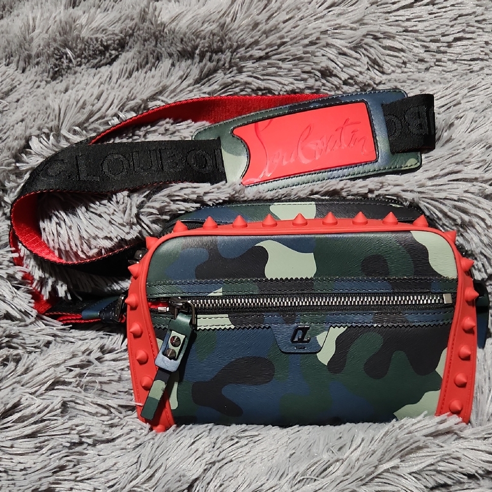 Authentic - Christian Louboutin Camouflage Crossbody Bag with Red Spiked Trim